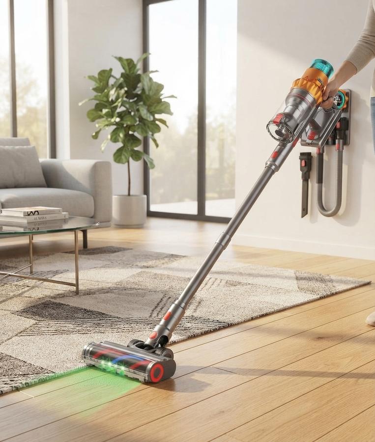 REBANIC S8 dust cup and LED panel during a floor pass